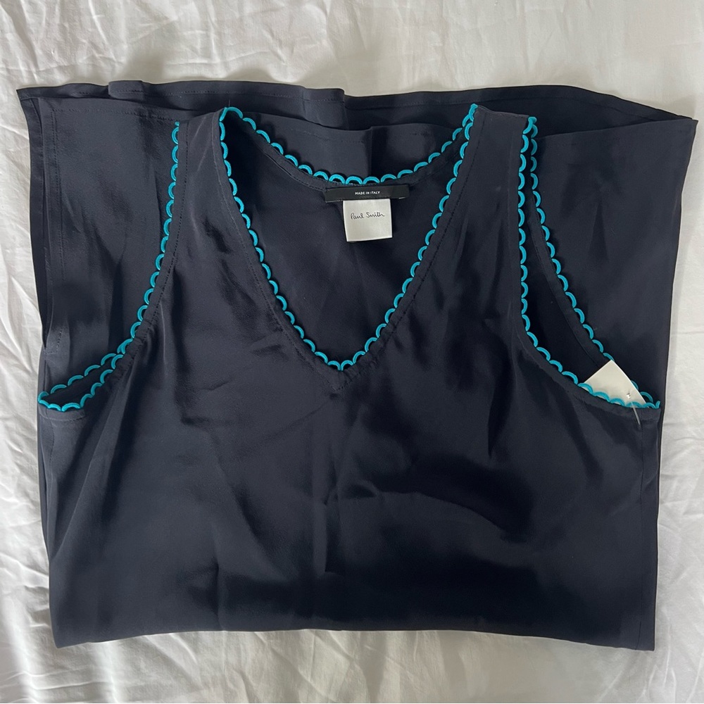 Paul Smith Silk Long Sleeveless Tank with Blue Scalloped Trim
